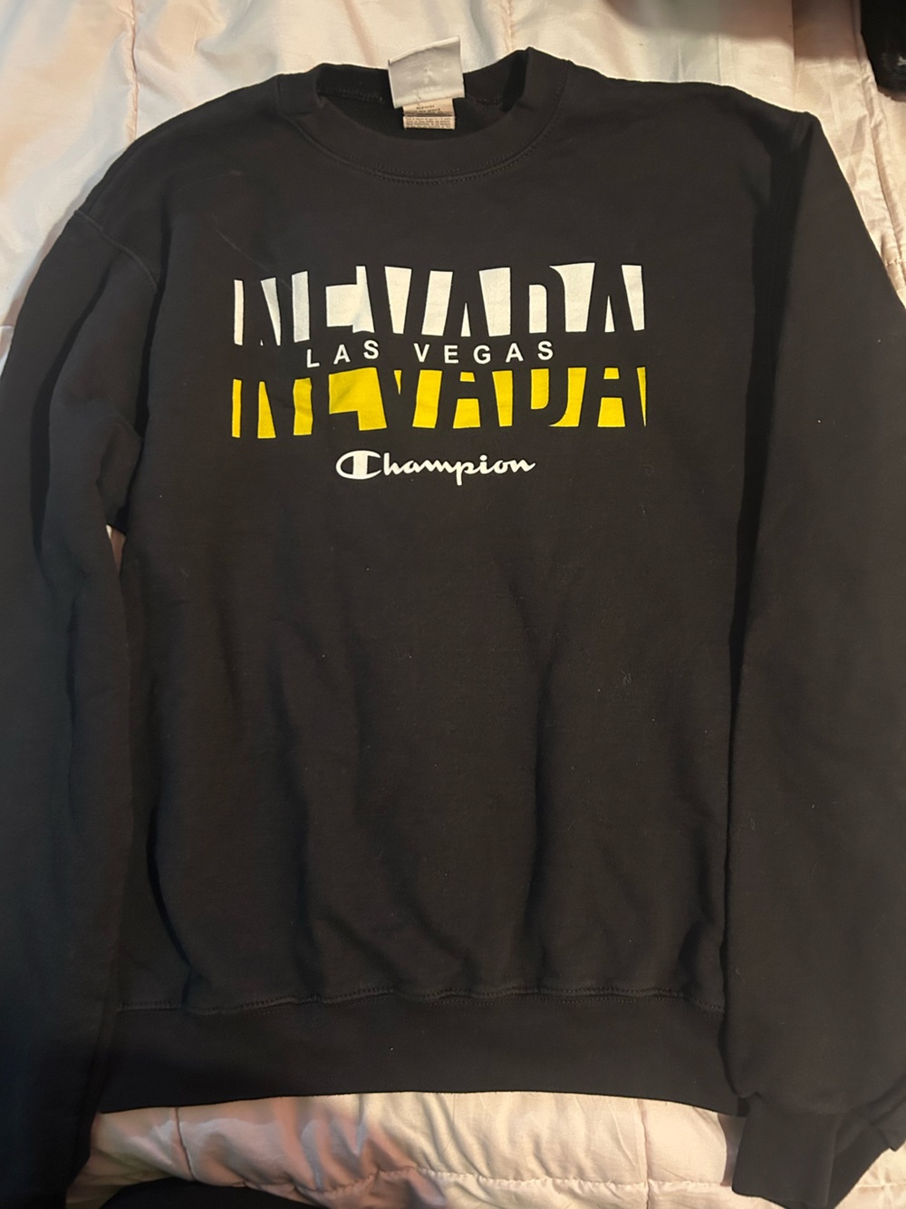 Champion Men’s Black Crewneck Sweater with Yellow & White Nevada Graphic